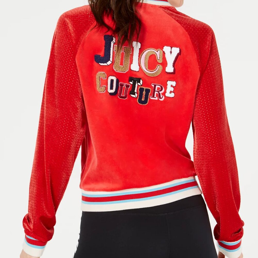 Juicy Couture Black Label Women's S Red Velour Graphic Bomber Varsity Jacket - Picture 15 of 16